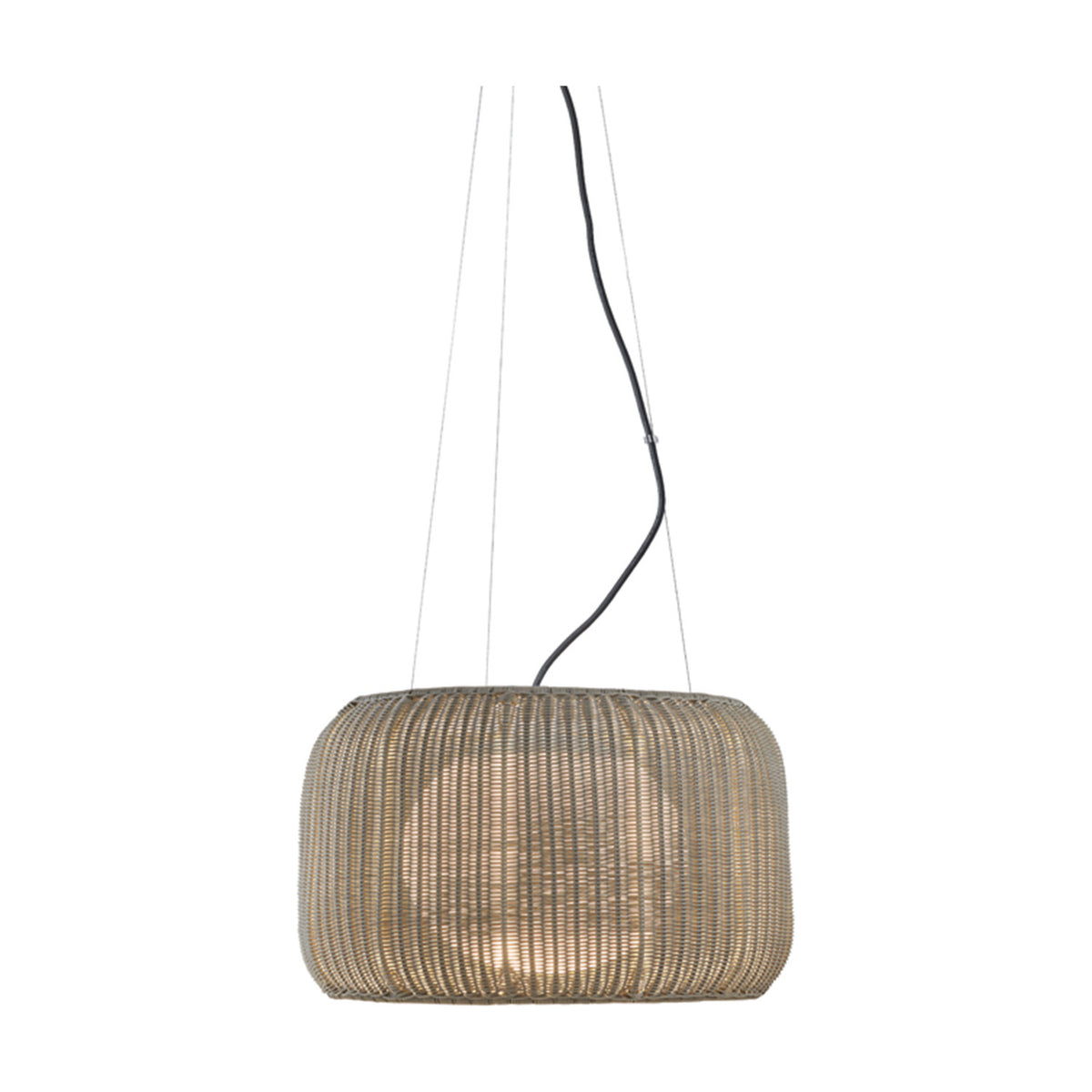 Fora S Drum LED Outdoor Pendant Light in Light Beige, a round woven drum shade suspended on three fine wires with a black cable, shown against a plain white background.