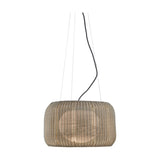 Fora S Drum LED Outdoor Pendant Light in Light Beige, a round woven drum shade suspended on three fine wires with a black cable, shown against a plain white background.