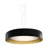 Ginevra LED Pendant Light 80cm, a wide drum-shaped fixture in matt black with a brass inner rim and white diffuser, hung on white cables against a plain background.