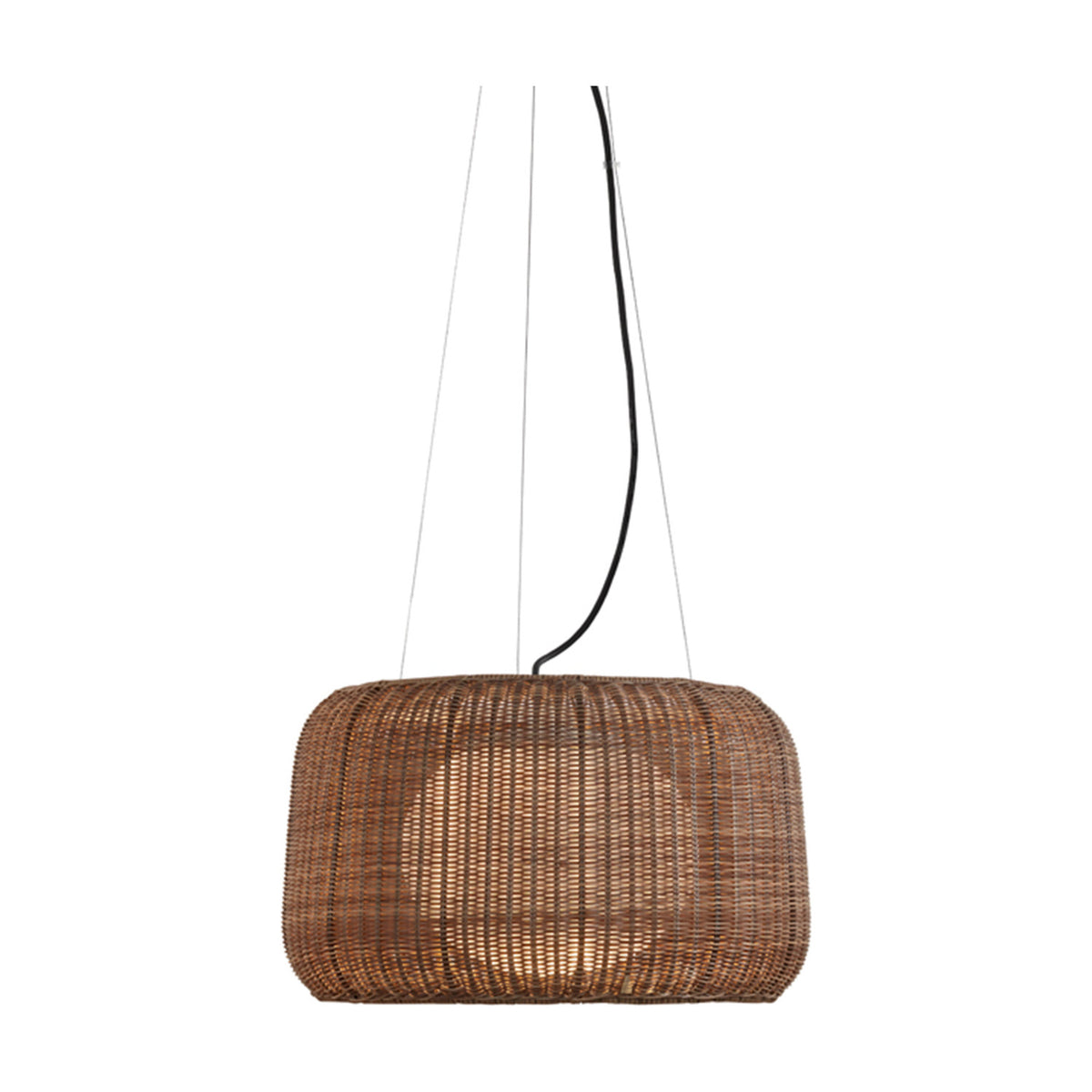 Fora S Rattan LED Outdoor Pendant Light in Rattan Brown, a woven drum-shaped shade suspended by cables with visible cord, shown illuminated against a plain white background.