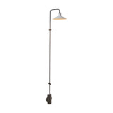 Platet A/06 aluminium LED wall light in dark brown finish, with a tall slim rod rising from a cylindrical wall base to a curved arm holding a single conical shade, shown on a plain white background.