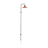 Platet A/05 wall light with a tall slim black rod curving over to hold a single shallow terracotta cone shade, shown on a plain white background.