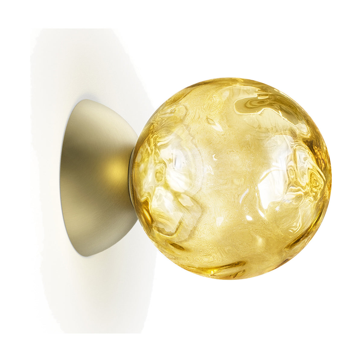 Murané Glass Sphere Wall & Ceiling Light 15cm in Brushed Champagne, featuring an amber dimpled glass globe on a cone-shaped mount, shown on a plain white background.