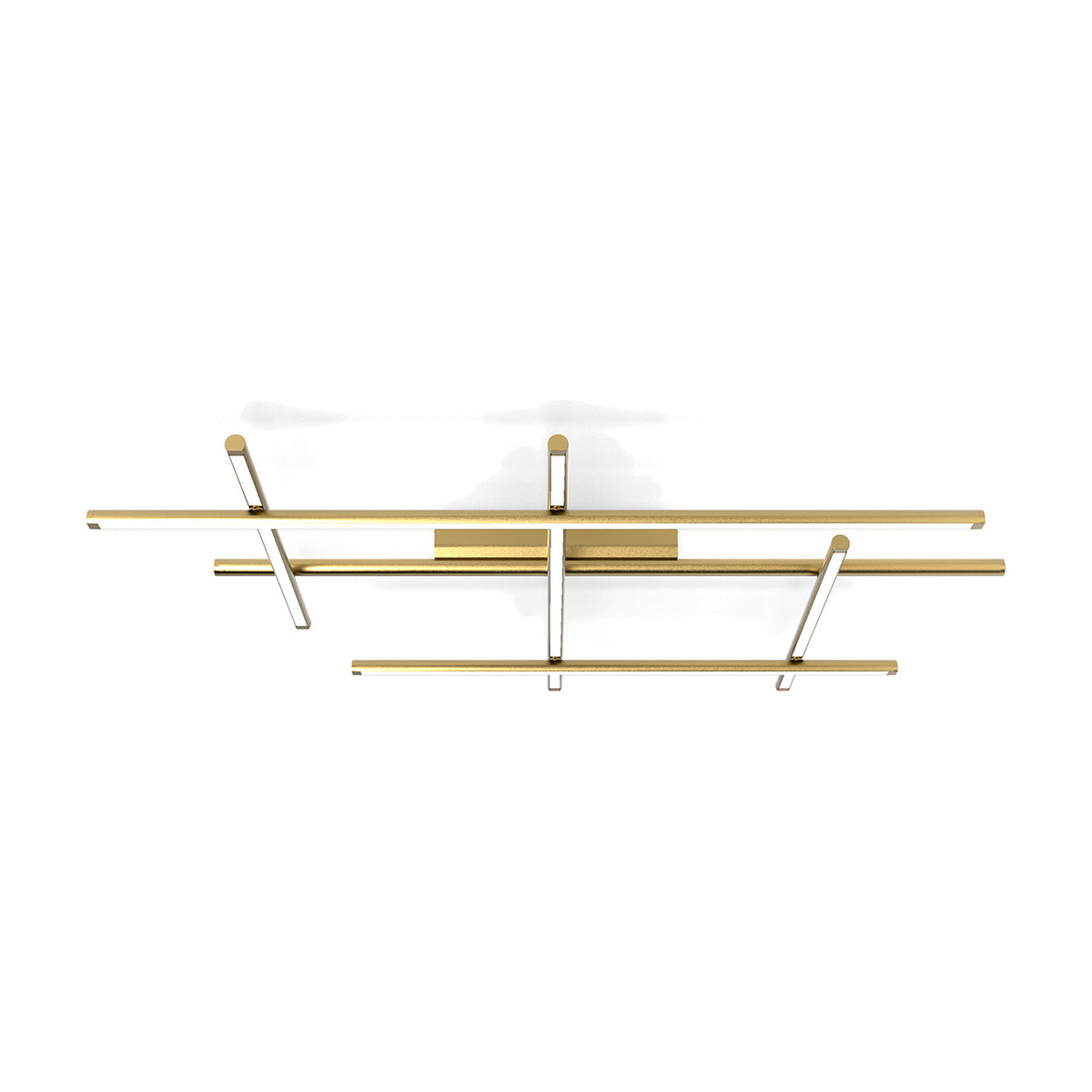Hilow White Diffuser Frame LED ceiling light with three long brass bars crossed by shorter angled bars and white diffusers, shown on a plain white background.