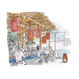 Five Nans S/21 woven red outdoor pendant lights with cylindrical lattice shades hang from a wooden pergola above an outdoor bar seating area.