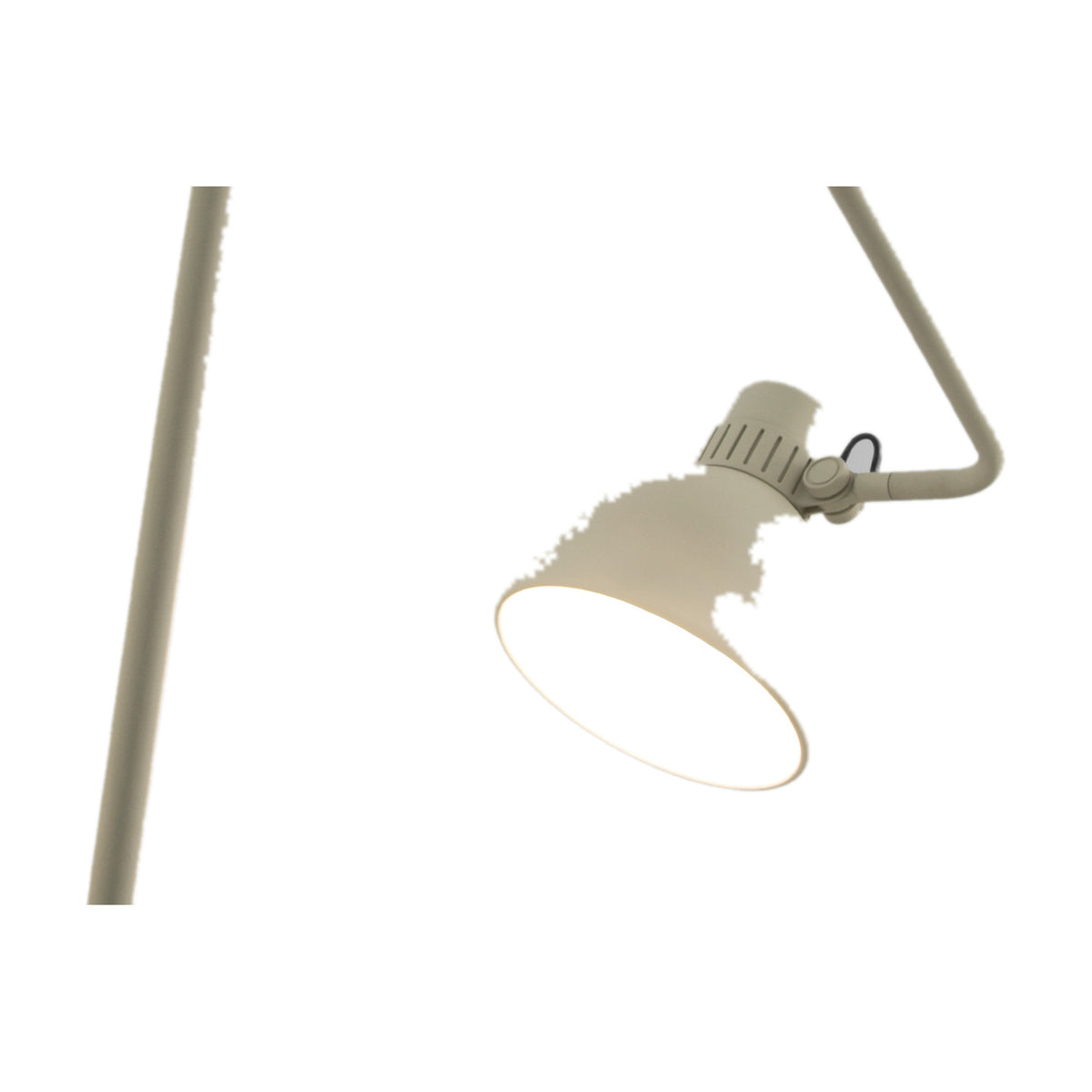 Close-up of the Blux F50 Aluminium Dome Floor Lamp in beige, showing the jointed arm, angled dome shade and stem against a plain white background.