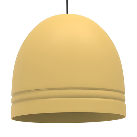 Ronda Dome Pendant Light in yellow aluminium, dome-shaped shade with ribbed band above the open rim, black cable, E27 fitting, IP44 rated, on a plain white background.