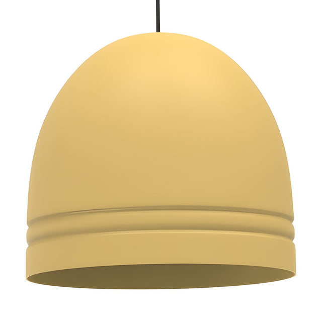 Ronda Dome Pendant Light in yellow aluminium, dome-shaped shade with ribbed band above the open rim, black cable, E27 fitting, IP44 rated, on a plain white background.