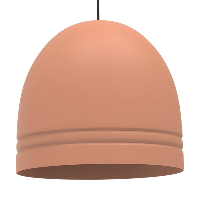 Ronda Dome Pendant Light IP44 in coral, a single smooth aluminium dome shade with ribbed detailing near the rim, black cable and E27 holder, shown on a plain white background.