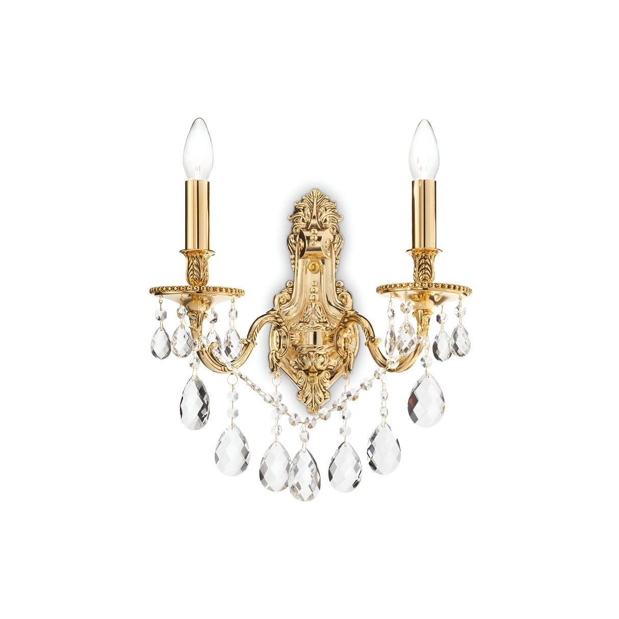 The Sonnet 2 Light Crystal Wall Light - Gold is an exquisite piece of decorative lighting, featuring intricate detailing, hanging crystal droplets, and a captivating design. It includes two candle-shaped light bulbs, making it an ideal choice to stand out against a plain white background.