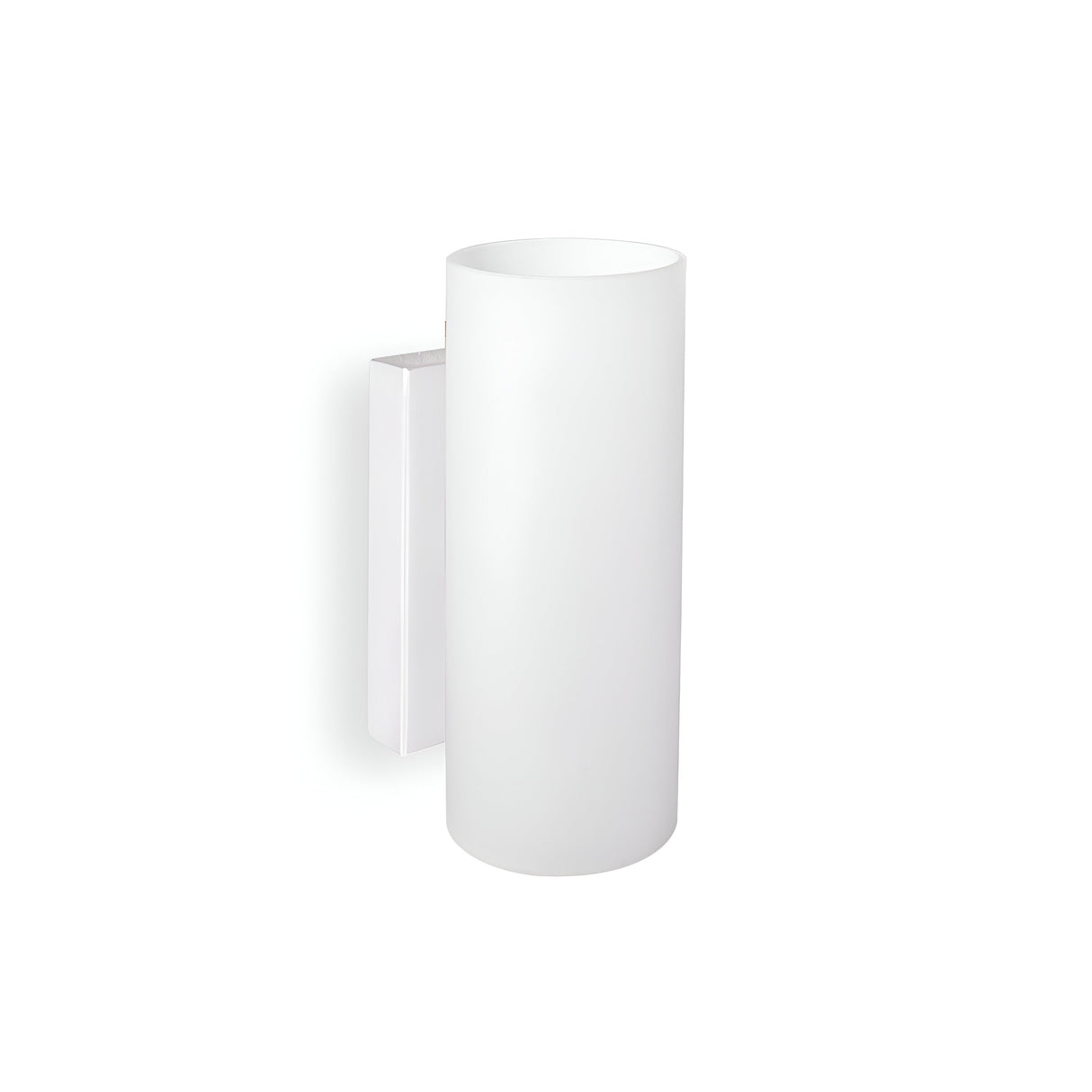 The Starlet Round Wall Light - White is a minimalist white cylindrical wall-mounted outdoor sconce that showcases a sleek, modern design with acid-etched glass on a plain white background, epitomizing minimalist lighting elegance.