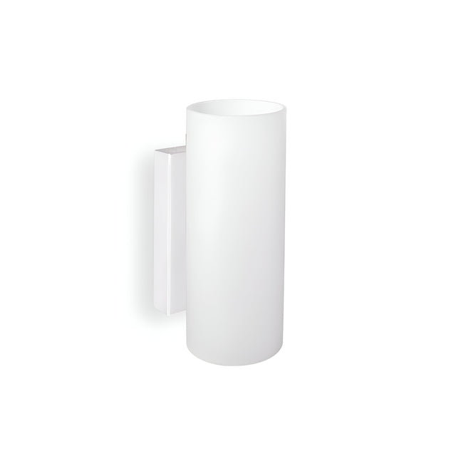 The Starlet Round Wall Light - White is a minimalist white cylindrical wall-mounted outdoor sconce that showcases a sleek, modern design with acid-etched glass on a plain white background, epitomizing minimalist lighting elegance.