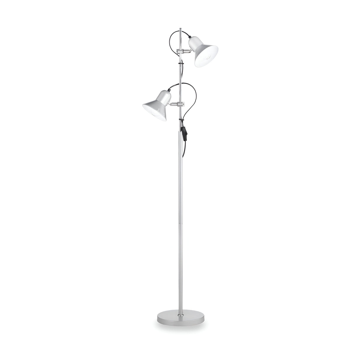 The Seraphic Floor Lamp - Silver is a contemporary lighting piece made from silver enamelled metal, showcasing an elegant design with a tall, slender pole and a circular base. It features two adjustable lampshades positioned at varying heights for versatile lighting solutions.