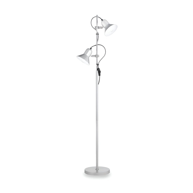 The Seraphic Floor Lamp - Silver is a contemporary lighting piece made from silver enamelled metal, showcasing an elegant design with a tall, slender pole and a circular base. It features two adjustable lampshades positioned at varying heights for versatile lighting solutions.