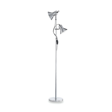 The Seraphic Floor Lamp - Chrome is a sleek and modern lighting solution featuring adjustable diffusers and two lampshades on a vertical pole, connected by an adjustable arm. Standing on a round base, it is ideal for contemporary interiors and perfect for those seeking stylish modern lighting.