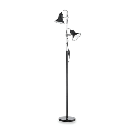 The Seraphic Floor Lamp - Black is a modern lighting masterpiece, showcasing a sleek black design with cone-shaped lampshades. Its adjustable diffusers are mounted on a silver vertical pole, ensuring perfect illumination. The lamp's circular base ensures stability while adding elegance to any space.