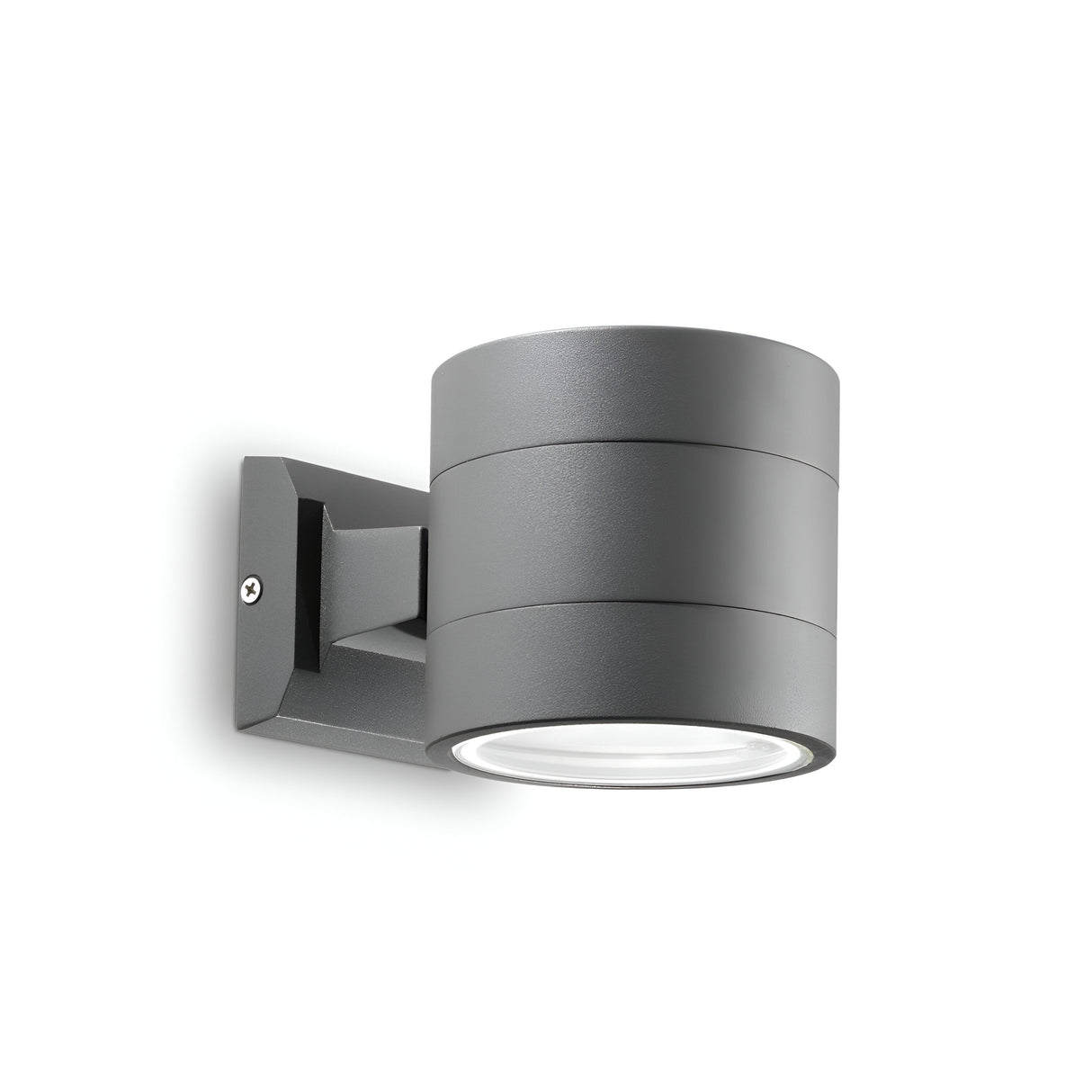 Introducing the Opus Round Outdoor Wall Light - Anthracite: a sleek, cylindrical fixture with a matte anthracite finish, designed for outdoor use. It features a downlight orientation and is crafted with durable Pyrex glass, mounted on a rectangular base secured with screws.