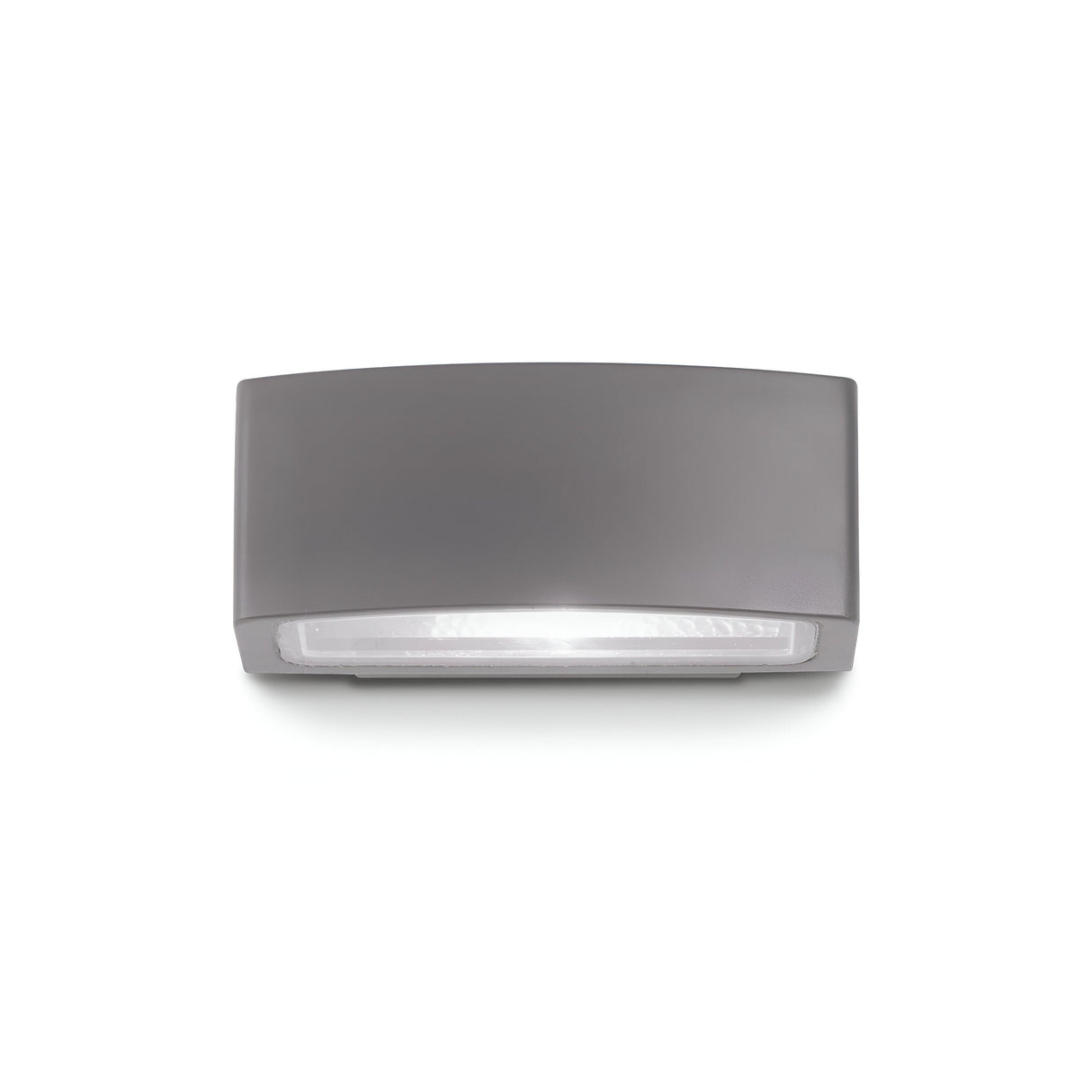 The Lunar Outdoor Wall Light - Anthracite features a sleek, rectangular LED design with an anthracite finish and a transparent cover, specifically crafted for outdoor use. Rated IP55, this fixture is mounted against a plain white background, showcasing its minimalist and modern aesthetic.