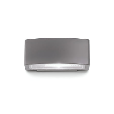 The Lunar Outdoor Wall Light - Anthracite features a sleek, rectangular LED design with an anthracite finish and a transparent cover, specifically crafted for outdoor use. Rated IP55, this fixture is mounted against a plain white background, showcasing its minimalist and modern aesthetic.