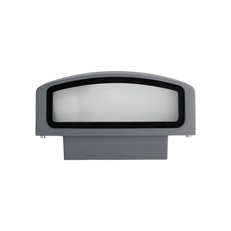 The Lunar Outdoor Wall Light - Anthracite is a gray, rectangular electronic device featuring a rounded top and large white screen in the center. It has an IP55 rated anthracite finish and boasts a simple, minimalist design, positioned against a plain white background.