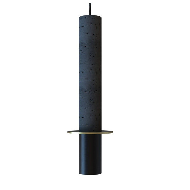 Rita Concrete Pendant light with a tall porous concrete cylinder, matt black iron base, and thin matt polished brass disc, shown on a plain white background.