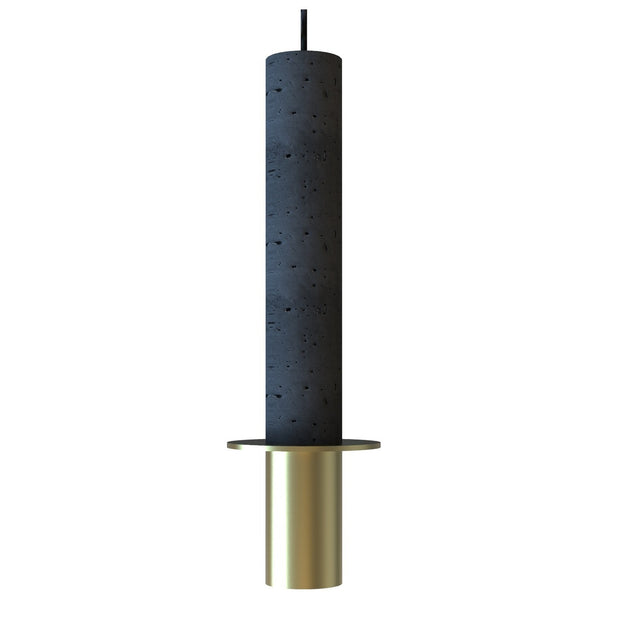 Rita Disc Pendant light with a tall textured dark grey concrete column, thin disc, and matt polished brass iron base, shown on a plain white background.