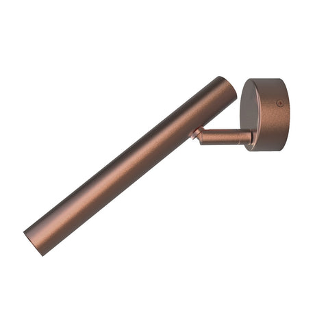 Rui LED Adjustable Wall Light with Reading Light in copper, a slim tube on a short pivoting arm fixed to a round wall-mounted backplate, shown on a plain white background.