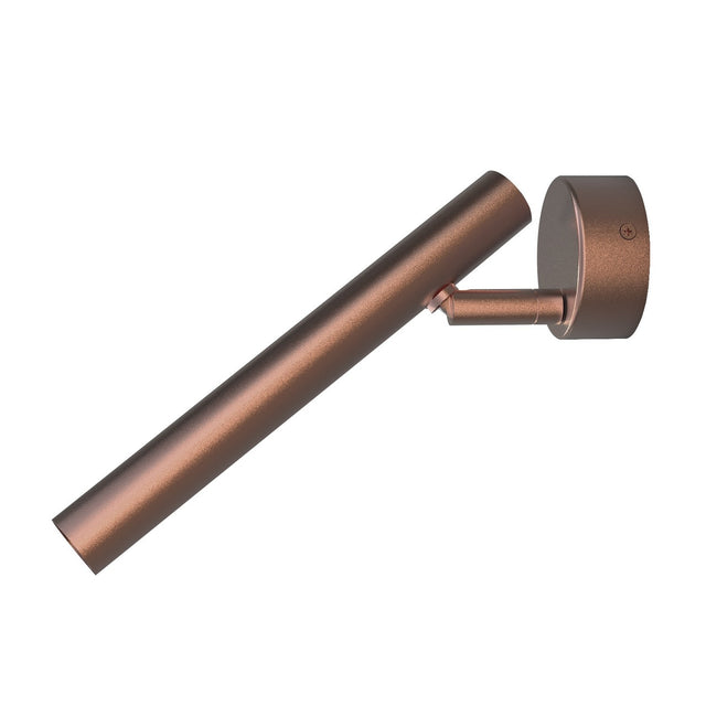 Rui LED Adjustable Wall Light with Reading Light in copper, a slim tube on a short pivoting arm fixed to a round wall-mounted backplate, shown on a plain white background.