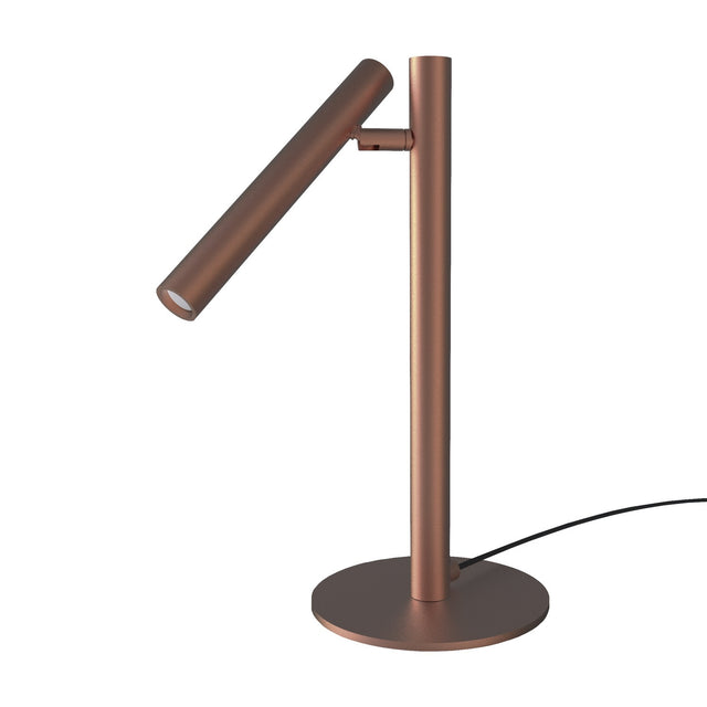 Rui LED Adjustable Reading Table Lamp in copper finish, with a slim upright stem on a round base and an angled tubular head, shown on a plain white background.