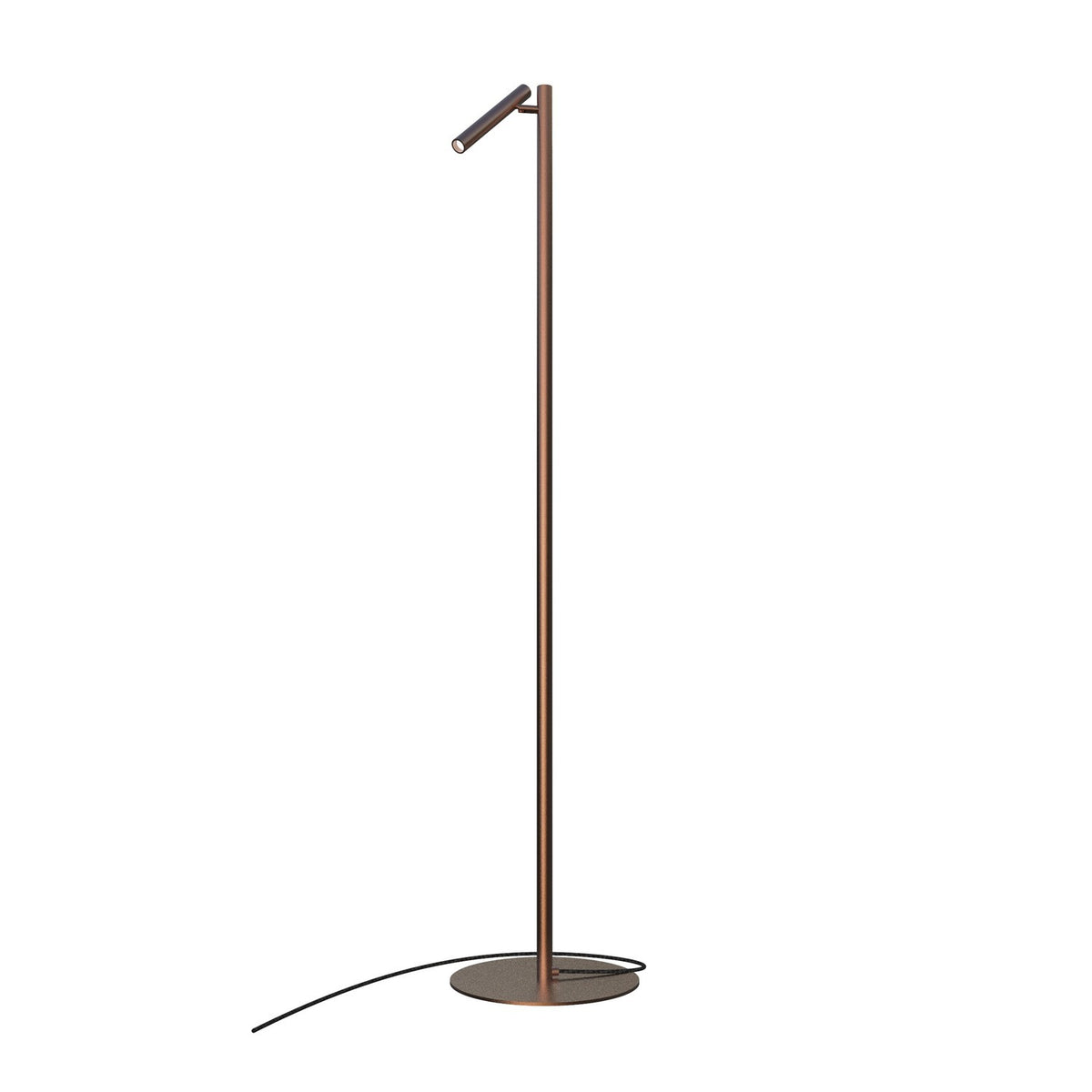 Rui LED Reading Floor Lamp in copper finish, a slim upright stem on a round base with an angled tubular head, shown against a plain white background.