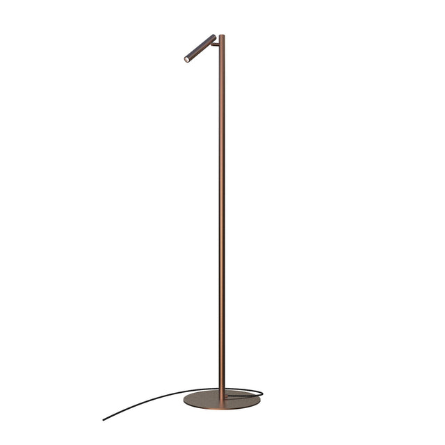 Rui LED Reading Floor Lamp in copper finish, a slim upright stem on a round base with an angled tubular head, shown against a plain white background.