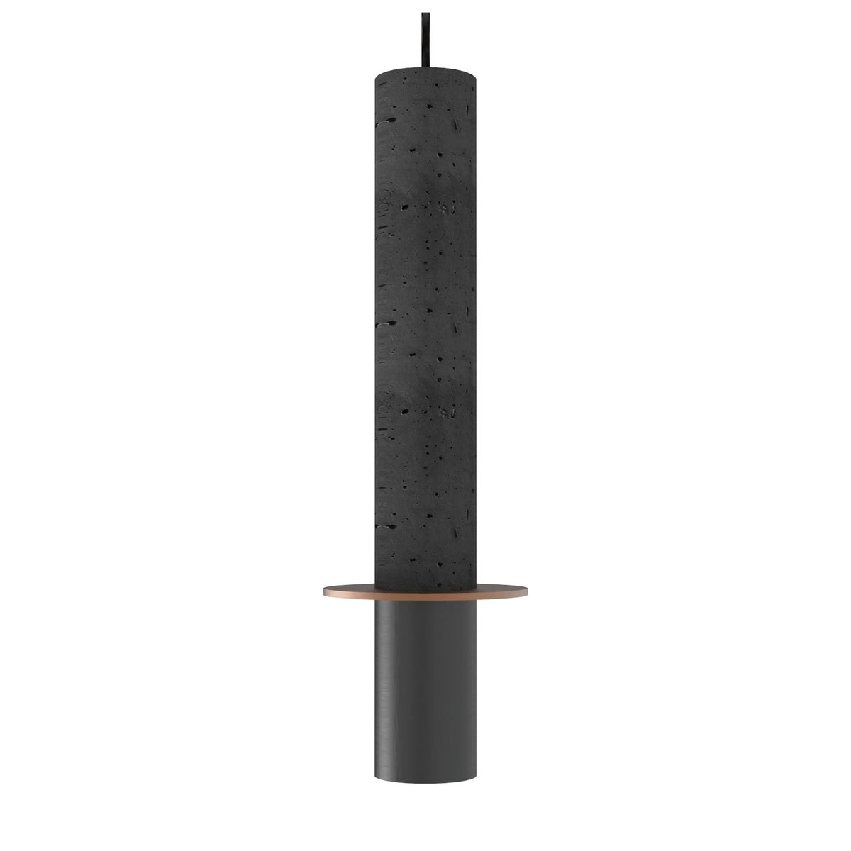Rita Concrete Pendant in matt black, featuring a tall porous concrete column, thin copper disc trim, and iron base on a textile cord, shown against a plain white background.