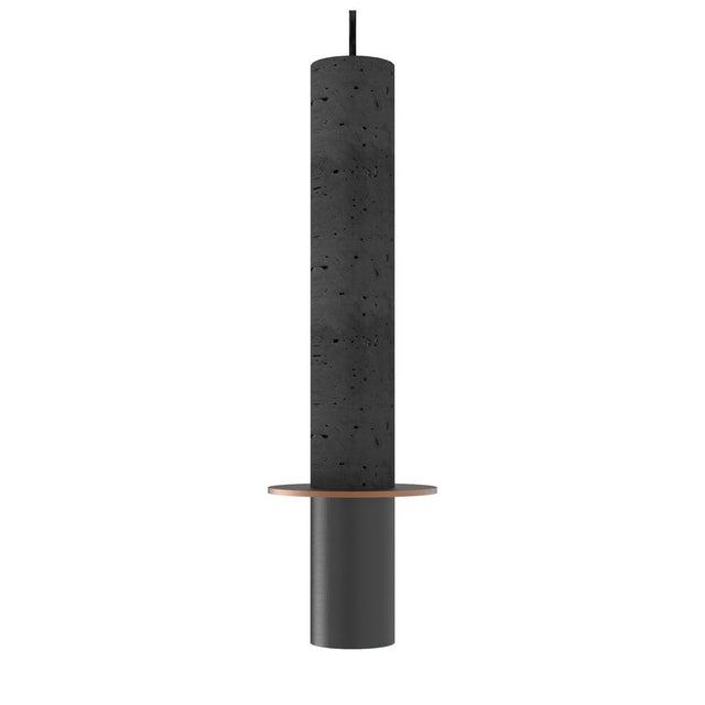 Rita Concrete Pendant in matt black, featuring a tall porous concrete column, thin copper disc trim, and iron base on a textile cord, shown against a plain white background.
