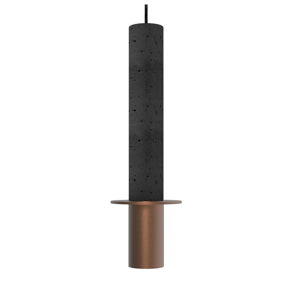 Rita Disc Pendant Light with a tall charcoal concrete cylinder, copper-finished iron disc and head, black cable, shown on a plain white background.