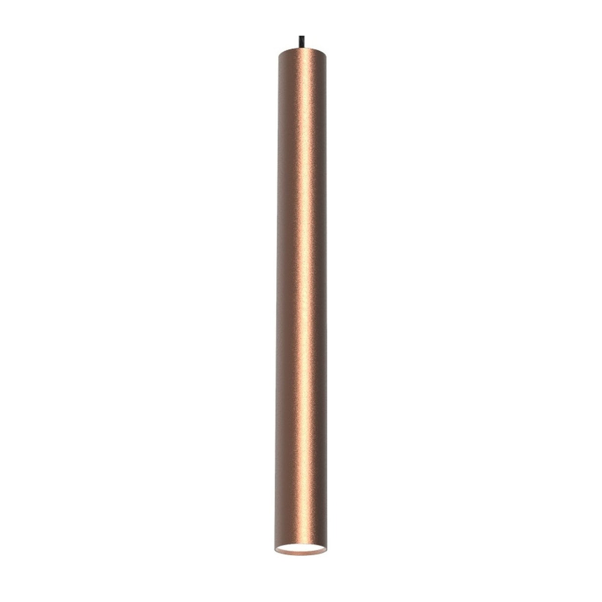 Rose Cylinder Pendant Light in copper, a slim tube-shaped shade on a black textile cable with round ceiling canopy, shown against a plain white background.