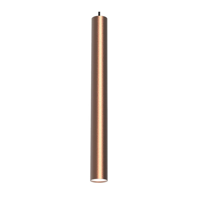 Rose Cylinder Pendant Light in copper, a slim tube-shaped shade on a black textile cable with round ceiling canopy, shown against a plain white background.