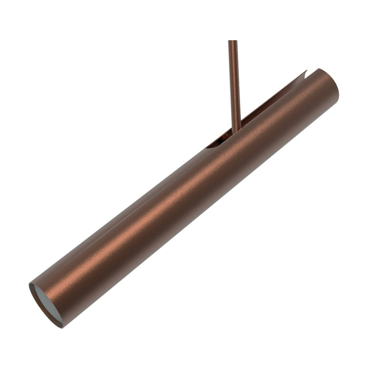 Rhoda Adjustable Linear Pendant Light in copper, a slim angled iron tube shade on a thin rod for one GU10 bulb, shown against a plain white background.