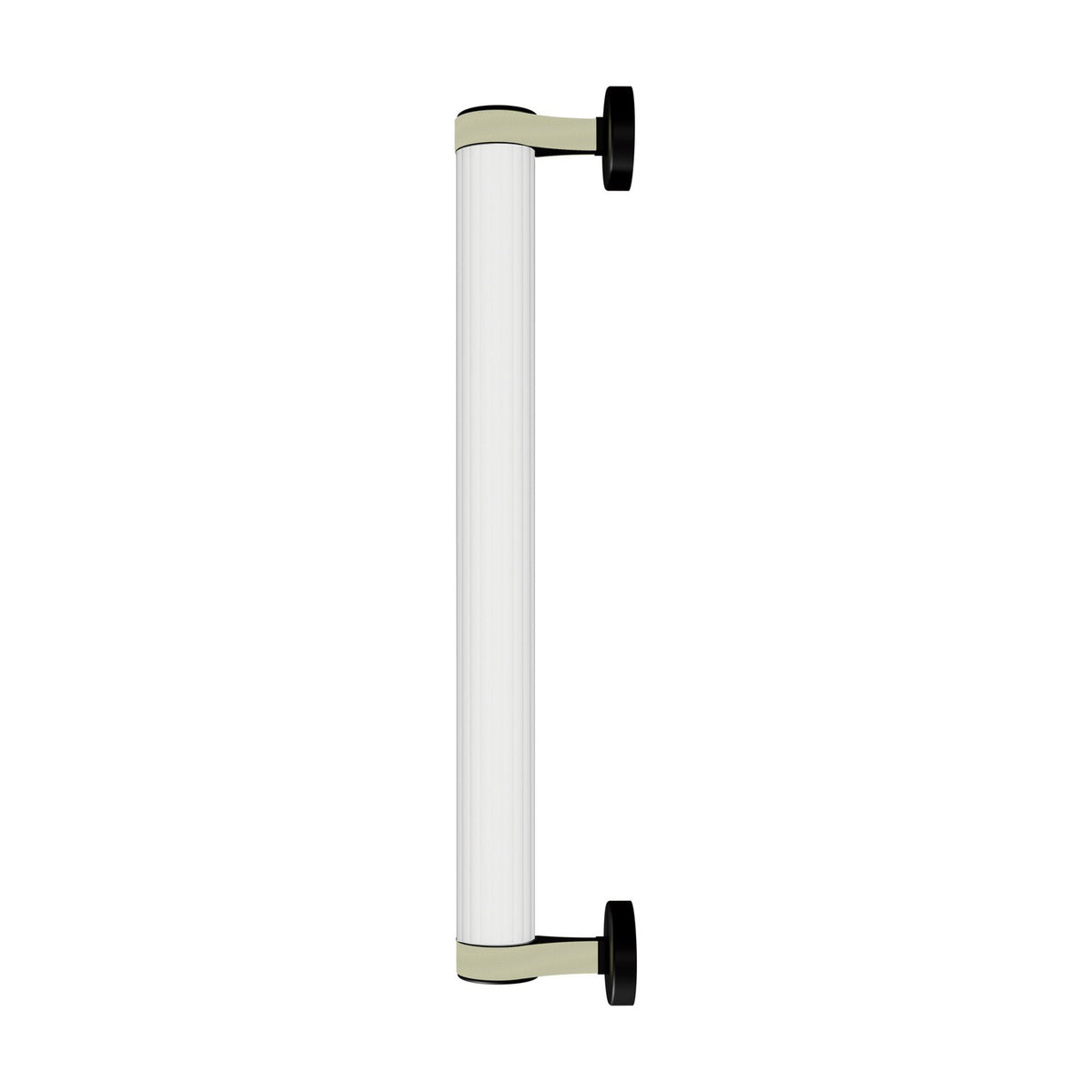 Roseline LED Ribbed Glass Linear Wall Light in Black & Beige, a long fluted clear glass cylinder held by beige straps on round black end bases, shown on a plain white background.