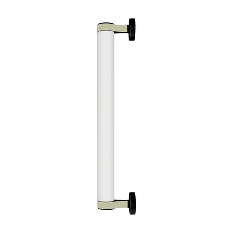 Roseline LED Ribbed Glass Linear Wall Light in Black & Beige, a long fluted clear glass cylinder held by beige straps on round black end bases, shown on a plain white background.