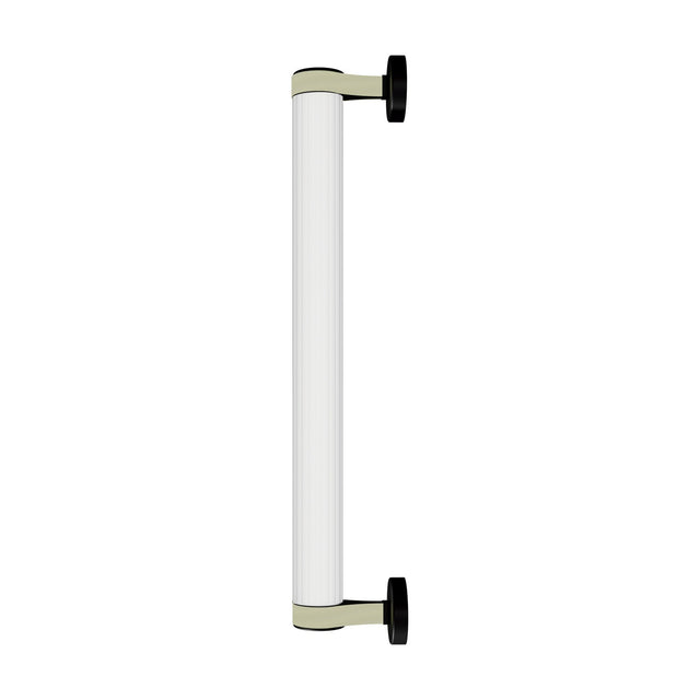 Roseline LED Ribbed Glass Linear Wall Light in Black & Beige, a long fluted clear glass cylinder held by beige straps on round black end bases, shown on a plain white background.
