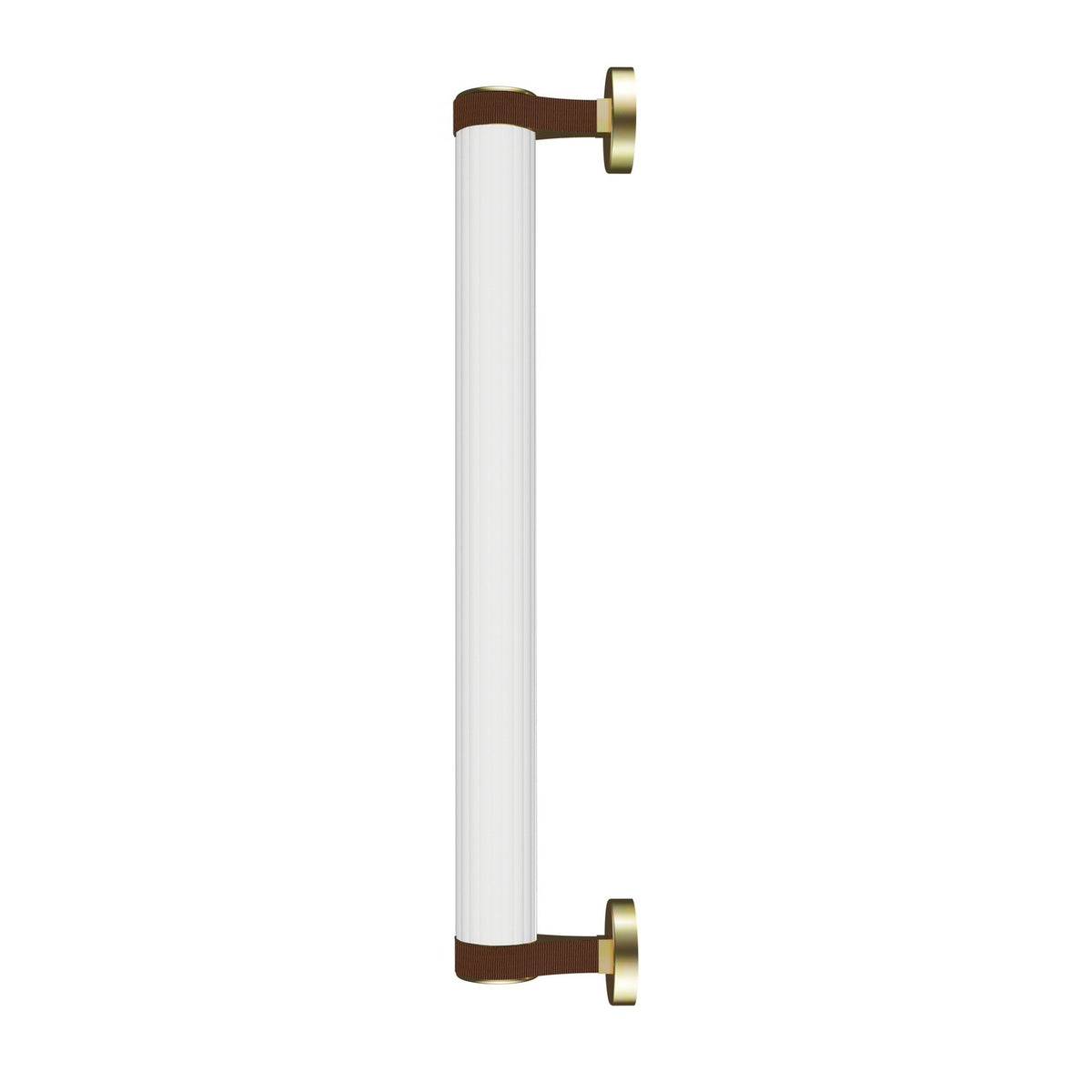 Roseline LED Ribbed Glass Linear Wall Light in gold and brown, a slim cylindrical fixture with clear ribbed glass held by brown straps on round gold end bases, shown on a plain white background.