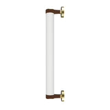 Roseline LED Ribbed Glass Linear Wall Light in gold and brown, a slim cylindrical fixture with clear ribbed glass held by brown straps on round gold end bases, shown on a plain white background.