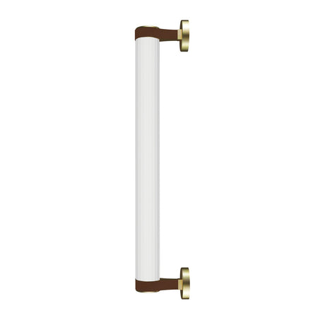 Roseline LED Ribbed Glass Linear Wall Light in gold and brown, a slim cylindrical fixture with clear ribbed glass held by brown straps on round gold end bases, shown on a plain white background.