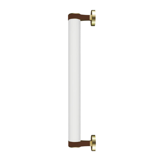 Roseline LED Ribbed Glass Linear Wall Light in gold and brown, a slim cylindrical fixture with clear ribbed glass held by brown straps on round gold end bases, shown on a plain white background.