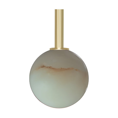 Royal Alabaster Globe Pendant Light with a single sphere shade in soft grey-beige veined alabaster, hung from a slim Matt Polished Brass & Gold rod on a plain white background.