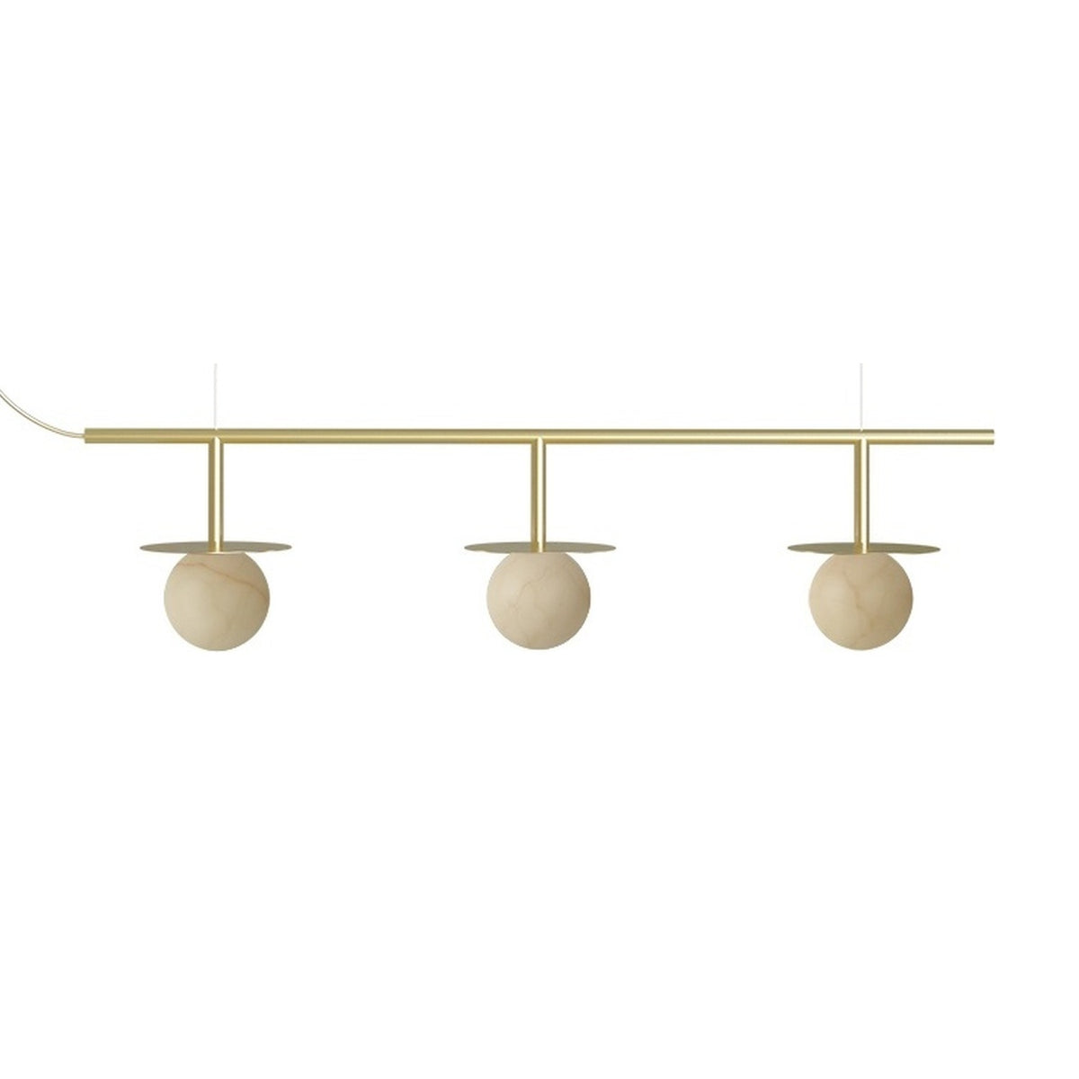 Royal Linear 3 Light Alabaster Chandelier in Gold & Polished Brass, three round alabaster globes with brass cap discs beneath a slim horizontal brass bar, on a plain white background.
