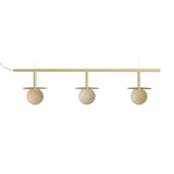 Royal Linear 3 Light Alabaster Chandelier in Gold & Polished Brass, three round alabaster globes with brass cap discs beneath a slim horizontal brass bar, on a plain white background.