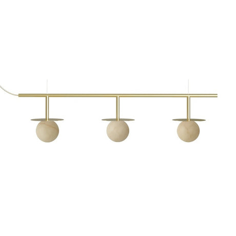 Royal Linear 3 Light Alabaster Chandelier in Gold & Polished Brass, three round alabaster globes with brass cap discs beneath a slim horizontal brass bar, on a plain white background.
