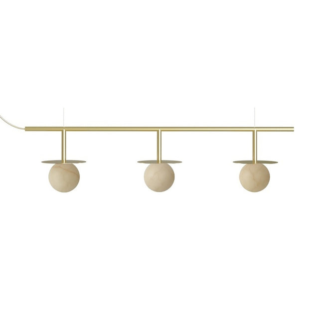 Royal Linear 3 Light Alabaster Chandelier in Gold & Polished Brass, three round alabaster globes with brass cap discs beneath a slim horizontal brass bar, on a plain white background.