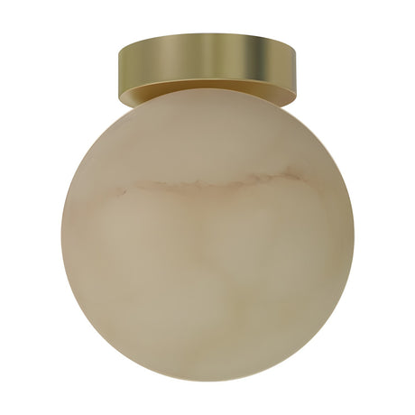 Royal Alabaster Globe Flush Ceiling Light with a round alabaster sphere in soft cream tones beneath a matt polished brass base, shown on a plain white background.